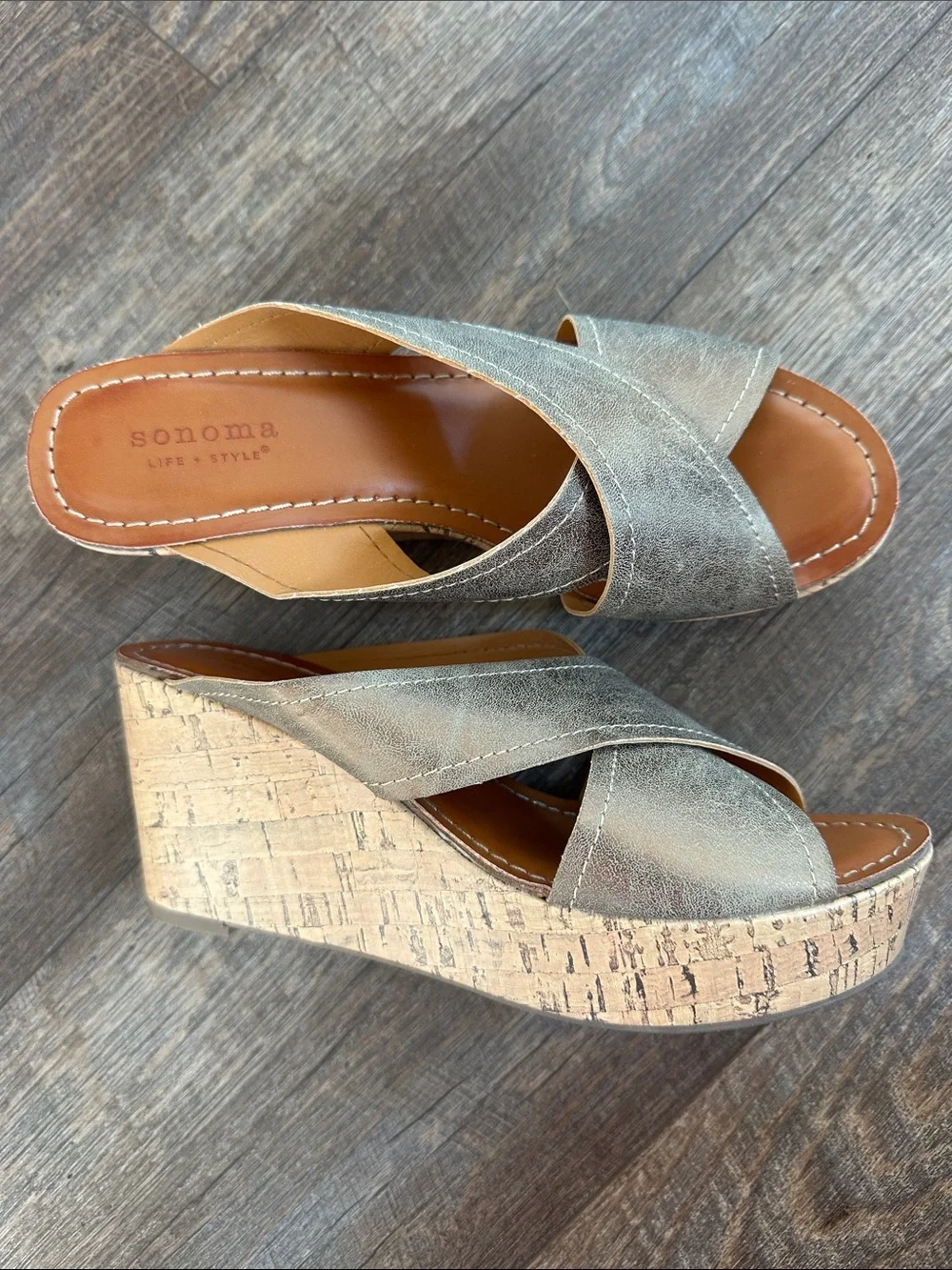 Sonoma Metallic Bronze Crisscross Cork Wedge Sandals
